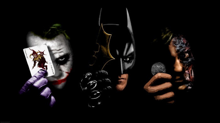 The Joker, Batman, and Two-Face from The Dark Knight