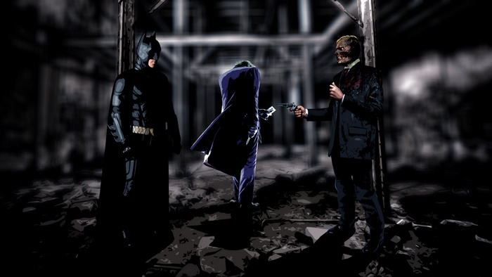 Batman, Joker, and Two-Face in a dark setting