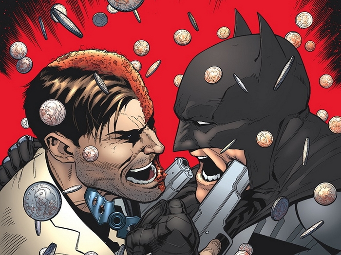 Batman and Two-Face with Guns and Coins
