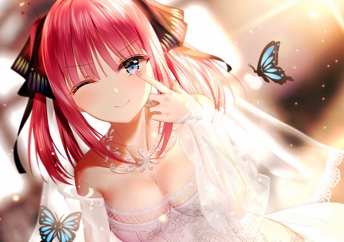 Nino Nakano in Elegant White Dress with Butterflies