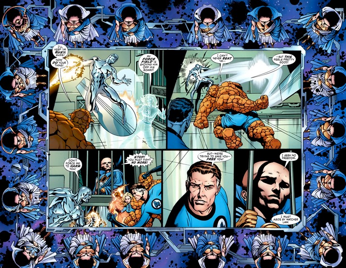 Silver Surfer and Fantastic Four in a cosmic prison