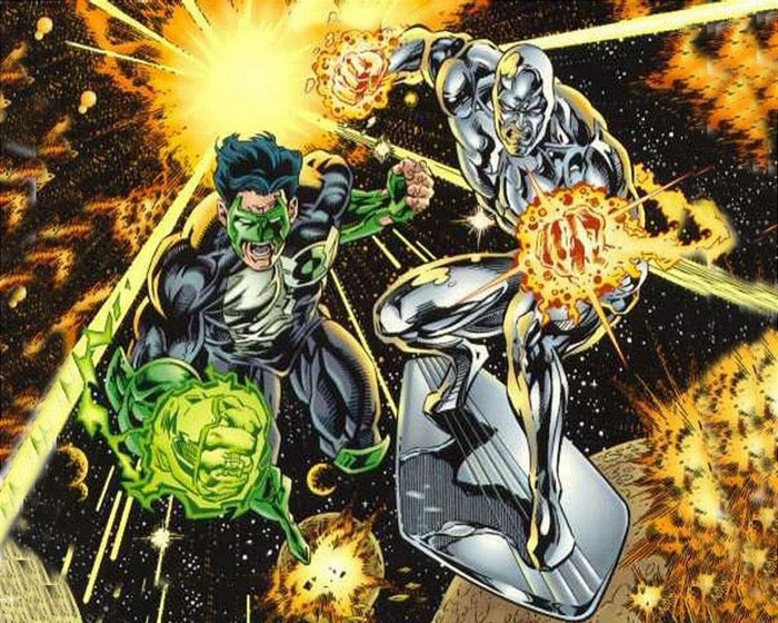 Green Lantern and Silver Surfer fighting in space