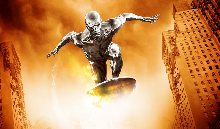 Silver Surfer flying over city buildings