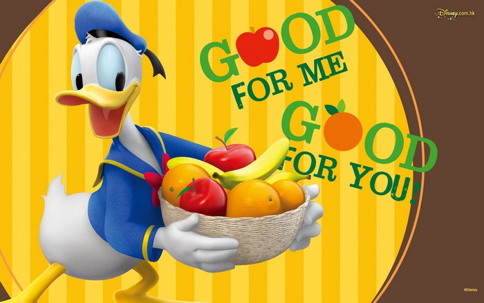 Donald Duck holding a basket of fruit