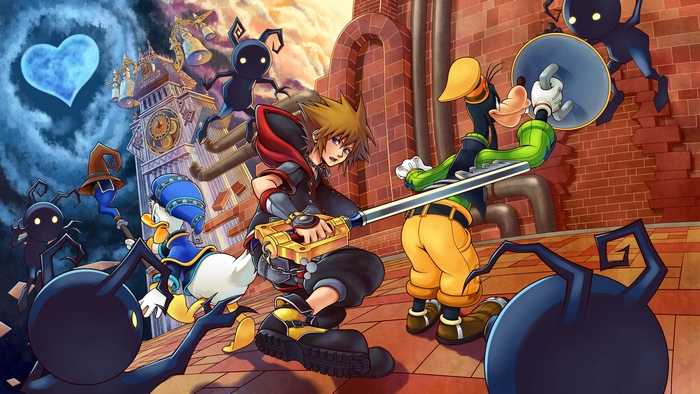 Sora, Donald, and Goofy from Kingdom Hearts fighting Heartless