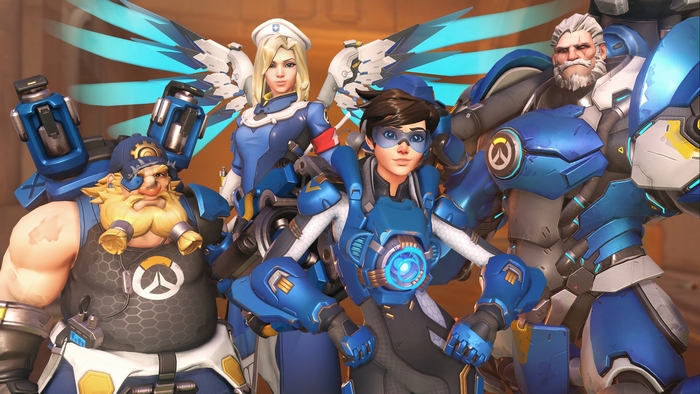 Torbjörn, Mercy, Tracer, and Reinhardt from Overwatch