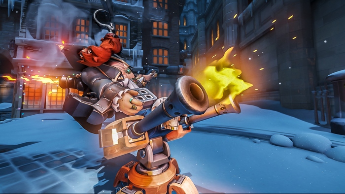 Torbjörn from Overwatch firing a weapon in a snowy town