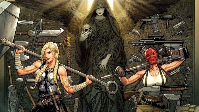 Valkyrie and Red Skull with weapons