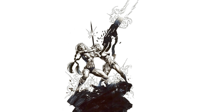 Two female warriors fighting with a gun