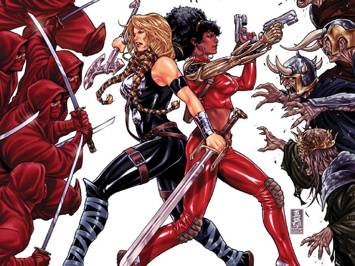Two women fighting ninjas and zombies