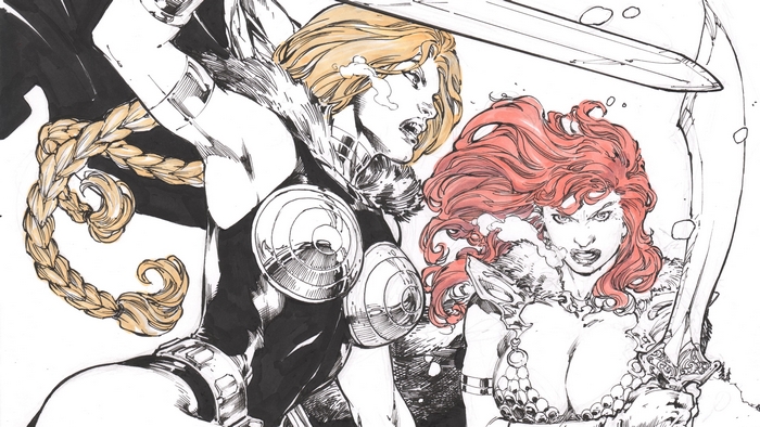 Valkyrie and Red Sonja with Swords