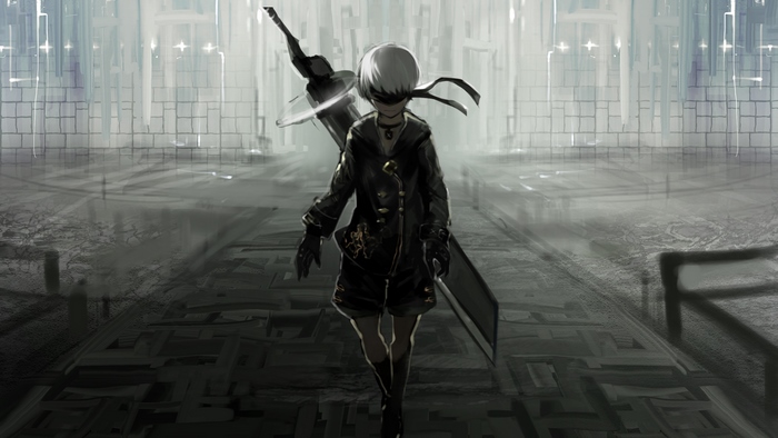 2B from NieR: Automata walking with a sword