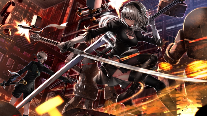 2B and 9S from NieR:Automata in battle