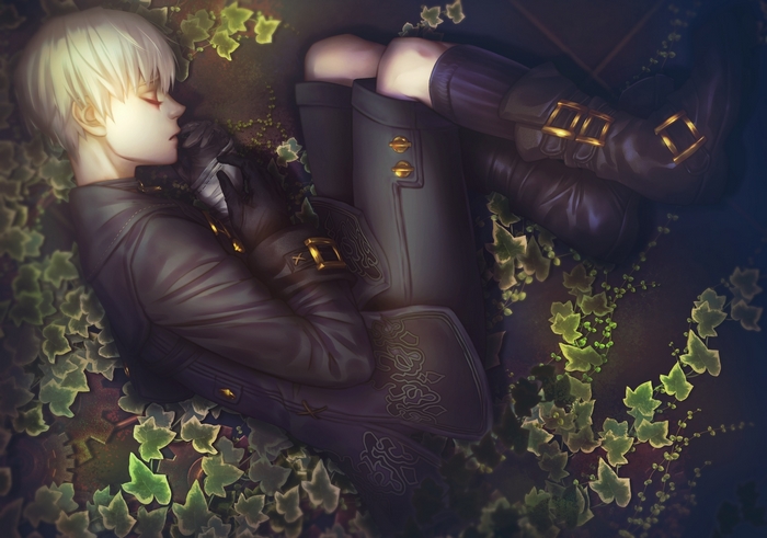 YoRHa No. 9 Type S sleeping on ivy