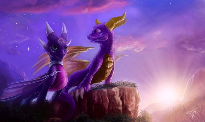 Spyro the Dragon and companion at sunrise