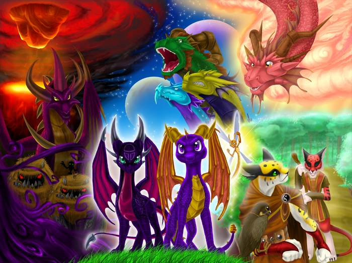 Spyro and other dragons in a fantasy landscape
