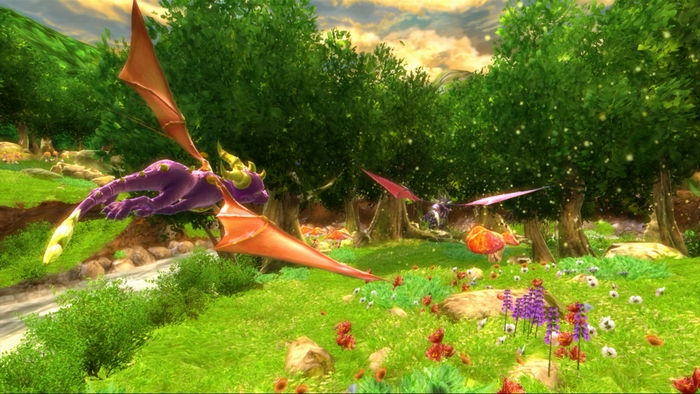 Spyro the Dragon flying in a green landscape