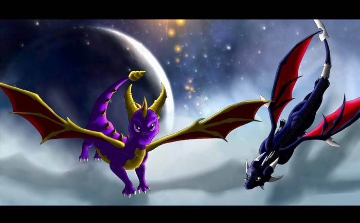 Spyro the Dragon and another dragon in the sky