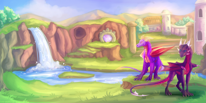 Spyro the Dragon and companion in a fantasy landscape