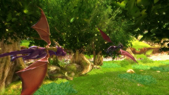 Two dragons flying in a forest
