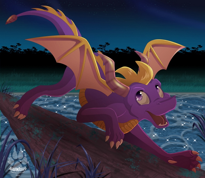 Spyro the Dragon on a log at night