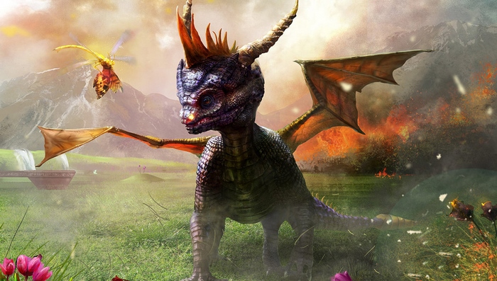 Spyro the Dragon with a butterfly and mountains