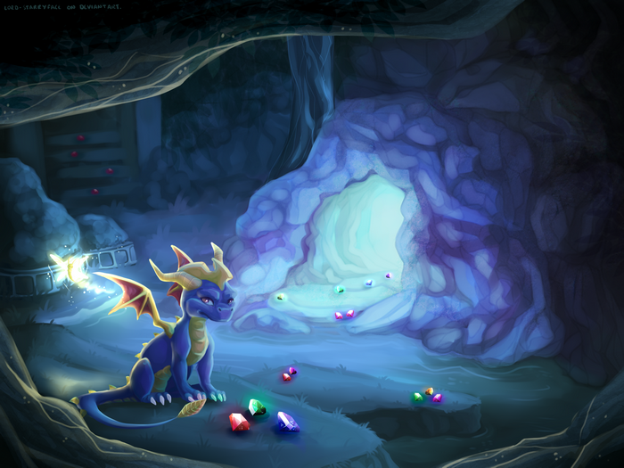 Spyro the Dragon in a cave with gems