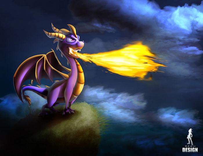 Spyro the Dragon breathing fire at night