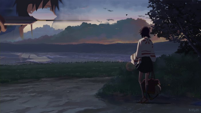 Takaki Touno looking at the sunset over a lake