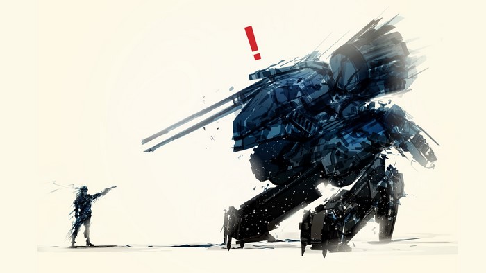 Solid Snake facing a Metal Gear mech