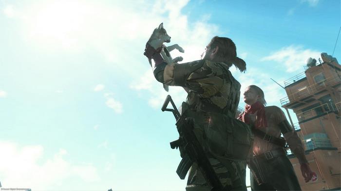 Solid Snake holding a puppy with another soldier