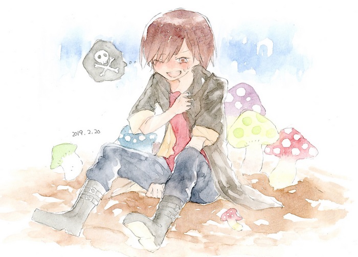 Yū Otosaka sitting among mushrooms