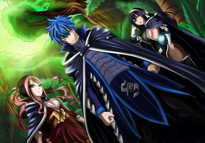 Jellal Fernandes and two women in a forest