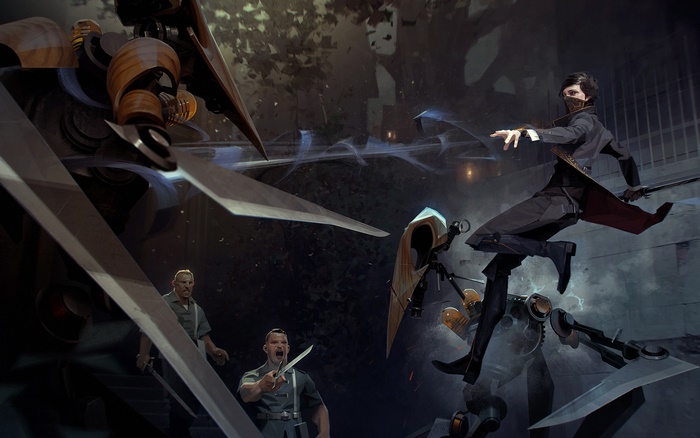 Emily Kaldwin from Dishonored fighting Clockwork Soldiers