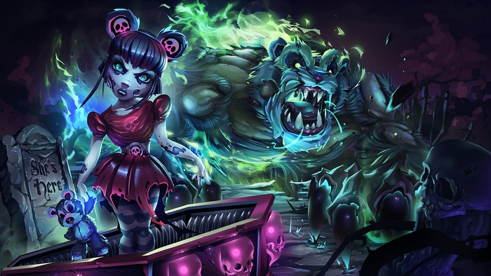 Annie from League of Legends with Tibbers in a graveyard