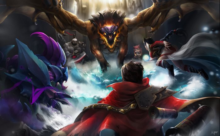 League of Legends characters fighting a dragon