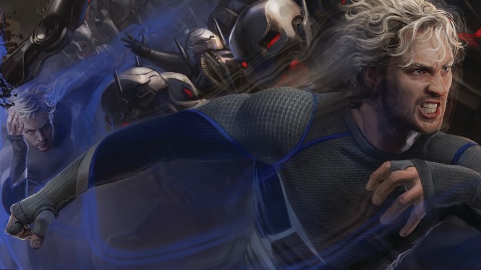 Quicksilver from Marvel Comics fighting Ultron bots