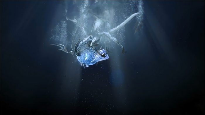 Corrin from Fire Emblem underwater with a blue crystal