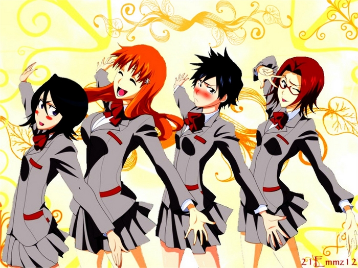 Four anime characters in school uniforms