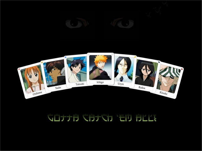 Bleach characters Orihime, Sado, Tatsuki, Ichigo, Uryu, Rukia, and Kisuke