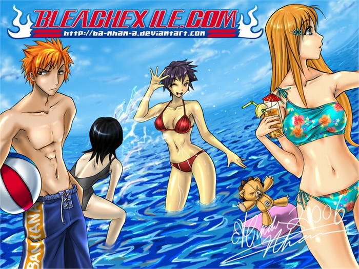 Bleach characters in swimsuits at the beach