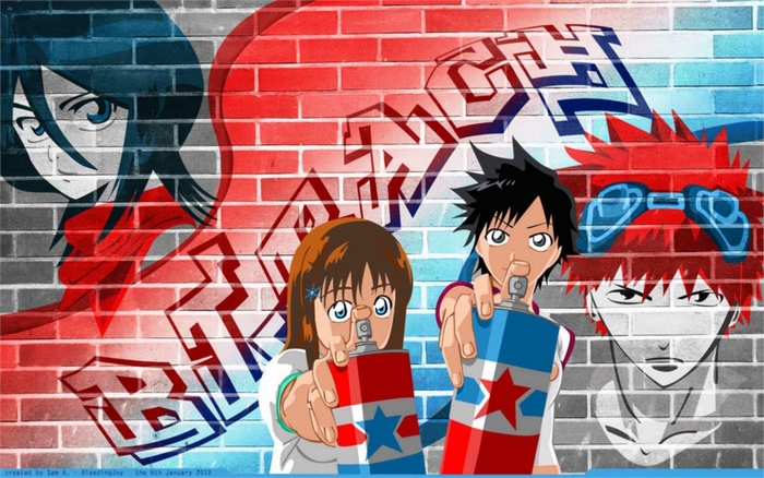 Anime characters spray painting on a brick wall