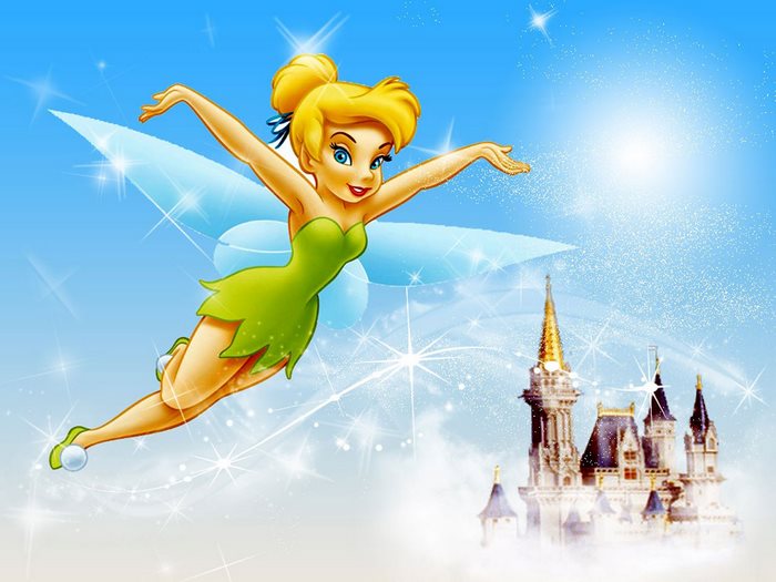 Tinker Bell flying near a castle