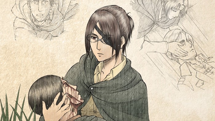 Hange Zoe holding injured Levi Ackerman from Attack on Titan