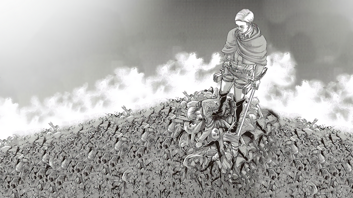 Erwin Smith from Attack on Titan standing on a pile of bodies