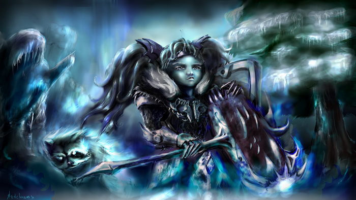 Poppy from League of Legends in an icy environment
