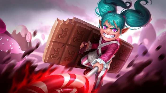 Poppy from League of Legends with candy weapons