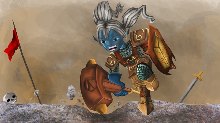 Blue-skinned warrior with hammer and shield
