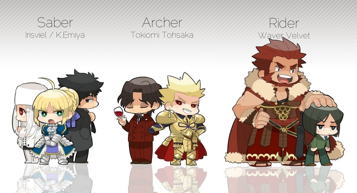 Chibi characters from Fate/Zero: Saber, Archer, and Rider