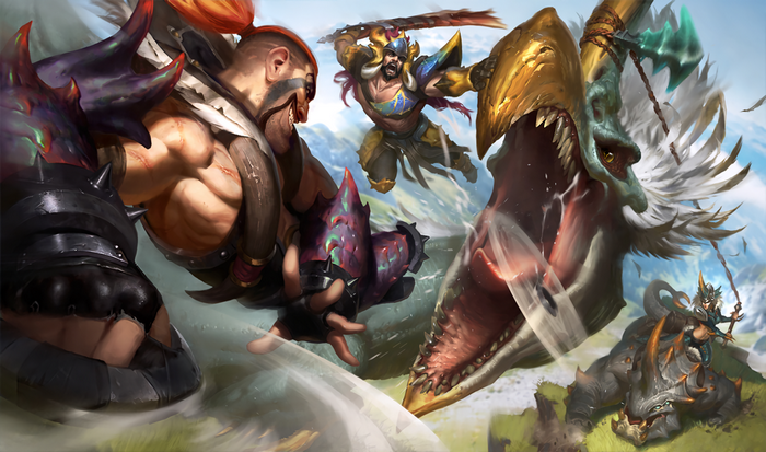 Draven from League of Legends fighting a monster
